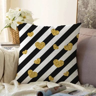 Beyaz Zeminli Gold Detaylı Kalp Dijital Baskılı Modern Raşel Yastık Kırlent Kılıfı