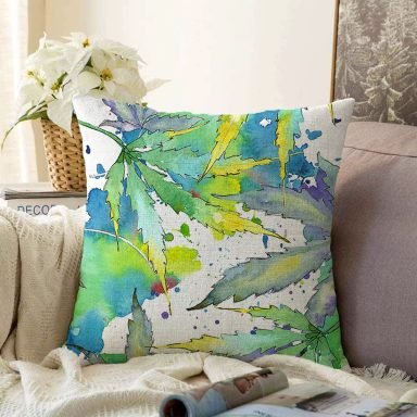 Beyaz Zeminli Renkli Yaprak Desenli Dijital Baskılı Modern Raşel Yastık Kırlent Kılıfı