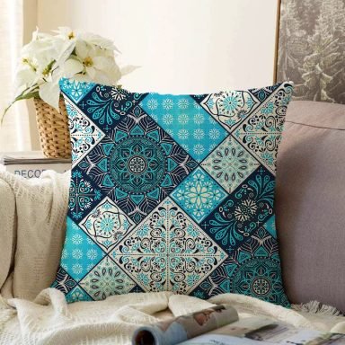 Renkli Zeminli Geometrik Desenli Dijital Baskılı Modern Raşel Yastık Kırlent Kılıfı