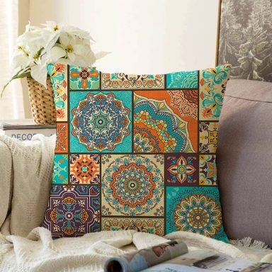 Renkli Zeminli Geometrik Desenli Dijital Baskılı Modern Raşel Yastık Kırlent Kılıfı