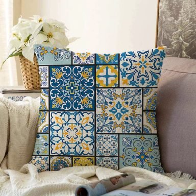 Renkli Zeminli Geometrik Desenli Dijital Baskılı Modern Raşel Yastık Kırlent Kılıfı