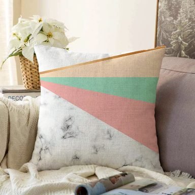 Renkli Geometrik Desenli Mermer Motifli Dijital Baskılı Modern Raşel Yastık Kılıfı