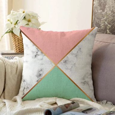 Renkli Geometrik Desenli Mermer Motifli Dijital Baskılı Modern Raşel Kırlent Kılıfı