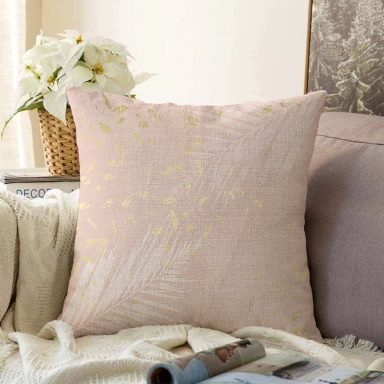 Pastel Zeminli Gold Detaylı Yaprak Desenli Dijital Baskılı Modern Raşel Kırlent Kılıfı
