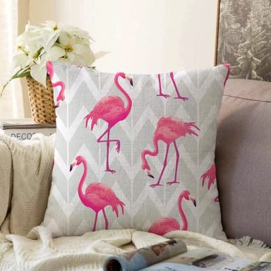 Gri Zigzag Zeminde Flamingolar Temalı Modern Raşel Yastık Kırlent Kılıfı
