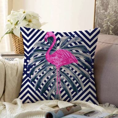 Lacivert Zeminli Flamingo Desenli Dijital Baskılı Raşel Kırlent Kılıfı