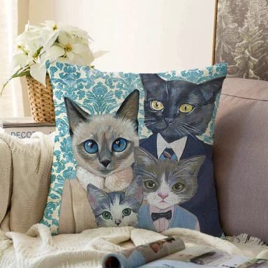 Kedi Ailesi Desenli Raşel Yastık Kırlent Kılıfı