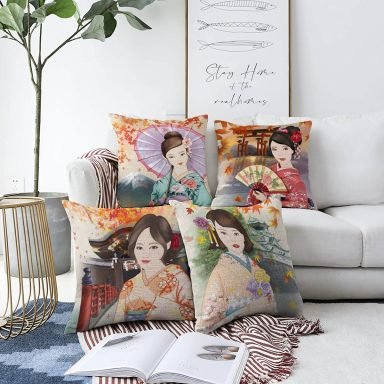 Sulu Boya Japon Kızlar Tasarımlı 4'Lü Raşel Kadife Kırlent Kılıf Seti