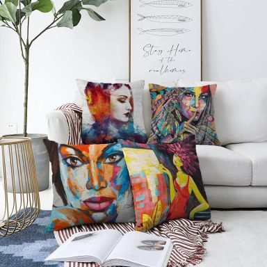 Soyut Sulu Boya Çizimli Fashion Girl Tasarımlı 4'Lü Raşel Kadife Kırlent Kılıf Seti