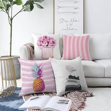 Realhomes Pembe Beyaz Çizgili Konsept 4'lü Modern Raşel Kadife Yastık Kırlent Kılıf Seti