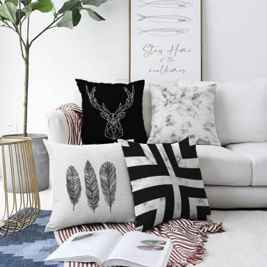 Realhomes Siyah Beyaz Renkli 4'lü Konsept Raşel Kadife Yastık Kırlent Kılıf Seti