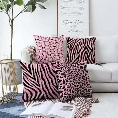 4'lü Renkli Zemin Üzerinde Zebra Desenli Modern Raşel Kadife Yastık Kırlent Kılıf Seti