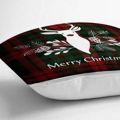 Ekose Zeminli Christmas Temalı Geyik Özel Tasarımlı Dijital Baskılı Yastık Kırlent Kılıfı