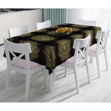 Siyah Zeminde Gold Mandala Motifli Dijital Baskılı Masa Örtüsü
