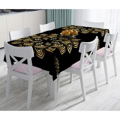 Siyah Zeminde Gold Mandala Motifli Dijital Baskılı Masa Örtüsü