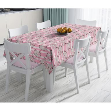 Pembe Çizgi Üzerinde Kedicikler Modern Dijital Baskılı Masa Örtüsü
