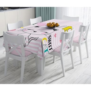 Pembe Çizgili Zeminde Sweet Cat Tasarımlı Dijital Baskılı Masa Örtüsü