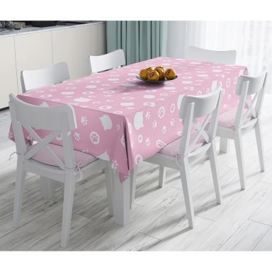 Pembe Zeminli Kedi Suretli Modern Dijital Baskılı Masa Örtüsü