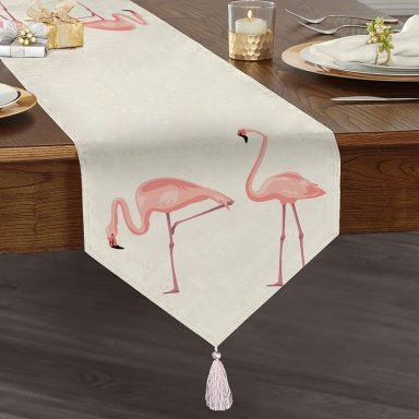Pembe Flamingo Desenli Dijital Baskılı Püsküllü Şönil Üçgen Runner