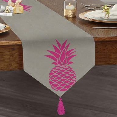 Gri Zemin Ananas Baskılı Dijital Püsküllü Şönil Üçgen Runner