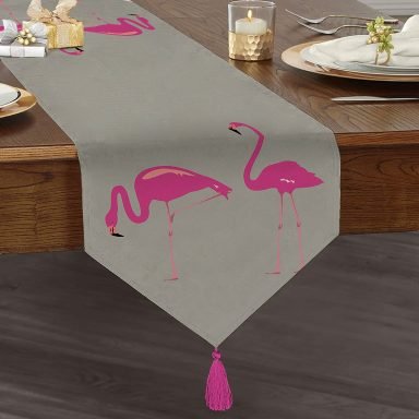 Gri Zemin Flamingo Desenli Dijital Püsküllü Şönil Üçgen Runner