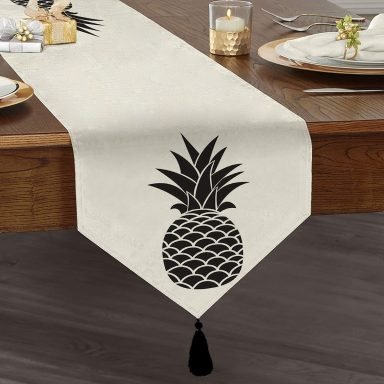 Siyah Beyaz Ananas Baskılı Dekoratif Püsküllü Şönil Üçgen Runner