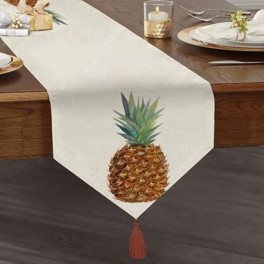 Ananas Desenli Dijital Baskılı Dekoratif Püsküllü Şönil Üçgen Runner