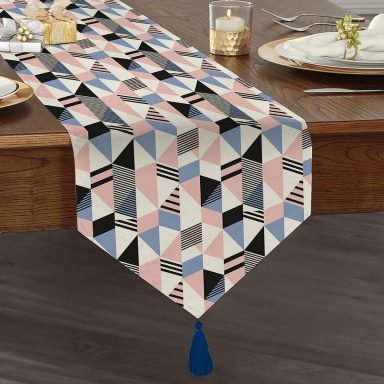 Modern Geometrik Desenli Dijital Baskılı Püsküllü Şönil Üçgen Runner