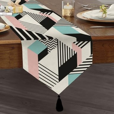 Modern Geometrik Şekilli Dijital Baskılı Püsküllü Şönil Üçgen Runner
