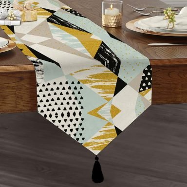 Livense Modern Geometrik Şekiller Dijital Baskılı Püsküllü Şönil Üçgen Runner