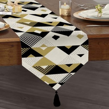 Bej Siyah Geometrik Desenli Dijital Baskılı Püsküllü Şönil Üçgen Runner