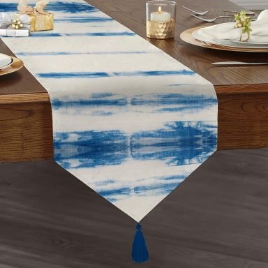 Mavi Beyaz Renkli Dijital Baskılı Modern Püsküllü Şönil Üçgen Runner