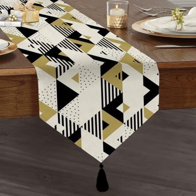Hardal Renk Geometrik Şekiller Temalı Püsküllü Şönil Üçgen Runner