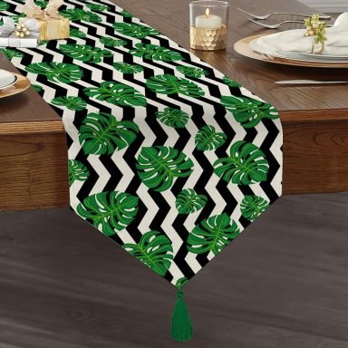Zigzag Zebra Temalı Yaprak Çizimli Dijital Baskılı Püsküllü Şönil Üçgen Runner