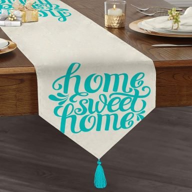 Turkuaz Home Sweet Home Dijital Baskılı Püsküllü Şönil Üçgen Runner