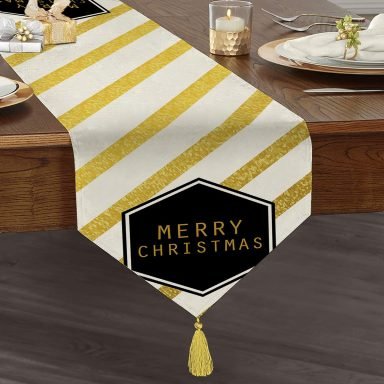 Realhomes Altın Şeritli Merry Christmas Desenli Dekoratif Özel Tasarım Püsküllü Şönil Üçgen Runner