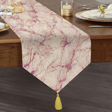 Modern Mermer Görünümlü Dijital Baskılı Püsküllü Şönil Üçgen Runner
