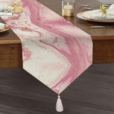 Realhomes Pembe Beyaz Mermer Desenli Dijital Baskılı Özel Tasarım Püsküllü Şönil Üçgen Runner
