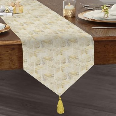 Geometrik Mermer Zeminli Modern Püsküllü Şönil Üçgen Runner