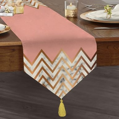Gold ve Pembe Renkli Mermer Desenli Modern Püsküllü Şönil Üçgen Runner