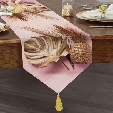 3D Yaprak ve Ananas Desenli Özel Tasarım Püsküllü Şönil Üçgen Runner