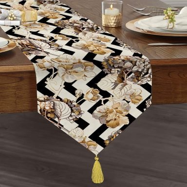 Zigzag Zeminde Çiçekler Temalı Modern Püsküllü Şönil Üçgen Runner