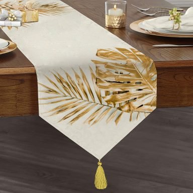 3D Altın Renkte Yapraklar Temalı Modern Püsküllü Şönil Üçgen Runner