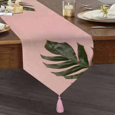 Pembe Zeminde Yaprak Modern Tasarımlı Dekoratif Püsküllü Şönil Üçgen Runner