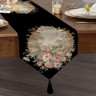 Siyah Zeminde Çiçek Bahçesi Exclusive Modern Tasarımlı Püsküllü Şönil Üçgen Runner