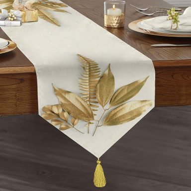 3D Altın Görünümlü Yapraklar Desenli Modern Püsküllü Şönil Üçgen Runner