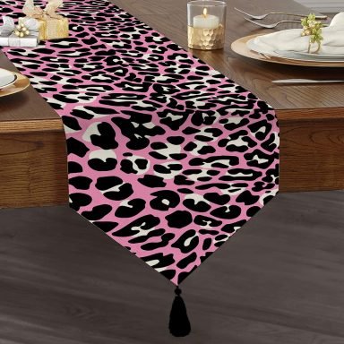 Realhomes Pembe Renkli Leopar Desenli Modern Özel Tasarım Püsküllü Şönil Üçgen Runner