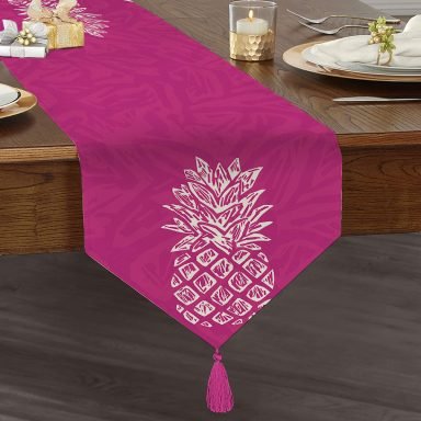 Fuşya Zeminde Ananas Desenli Modern Tasarım Püsküllü Şönil Üçgen Runner
