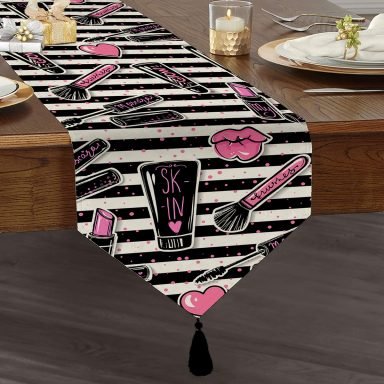Realhomes Siyah Çizgili Popart Makeup Desenli Dekoratif Özel Tasarım Püsküllü Şönil Üçgen Runner