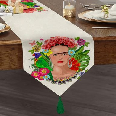 Özel Tasarım Frida Kahlo Tasarımlı Dekoratif Püsküllü Şönil Üçgen Runner